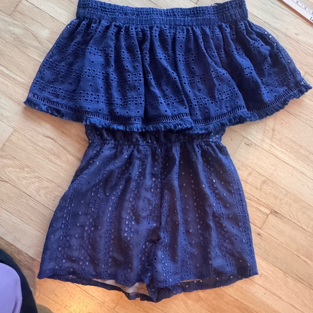 Ranna Gill Midnight Blue Eyelet Off the Shoulder Romper